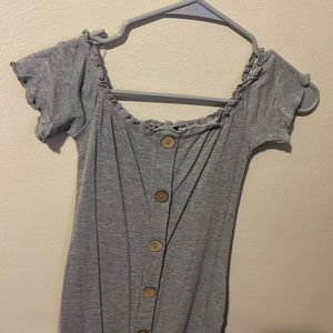 Gray off the shoulder dress with fake buttons . Size medium